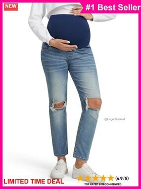 Ripped Maternity Jeans Full Belly Panel Straight Leg Pull On Stretch Denim